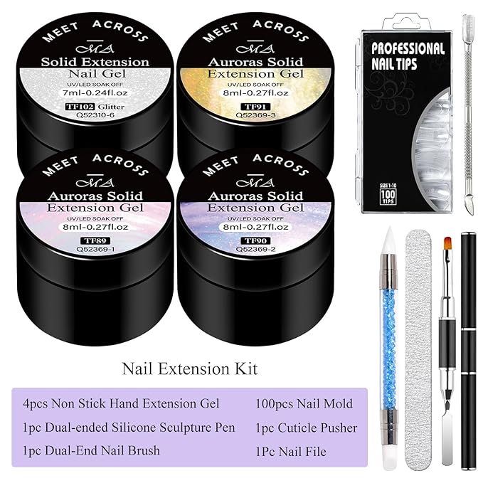 MEET ACROSS 9Pcs 3D Builder Gel Kit for Nail Art Aurora Pink Non Sticky Hand Carving Extension Solid Builder Gel for Nails with Silicone Pen Manicure Kit 4 Colors