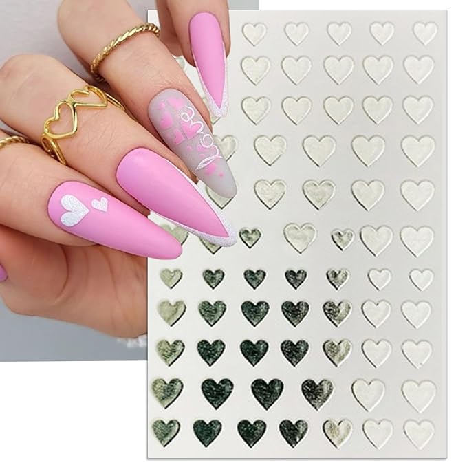 Valentine's Day Nail Art Stickers - Sexy Laser Heart Nail Decals, Self-Adhesive 6 Colors Black White Red Pink Kiss Heart for DIY 3D Nail Supplies Decoration (6 Sheets)