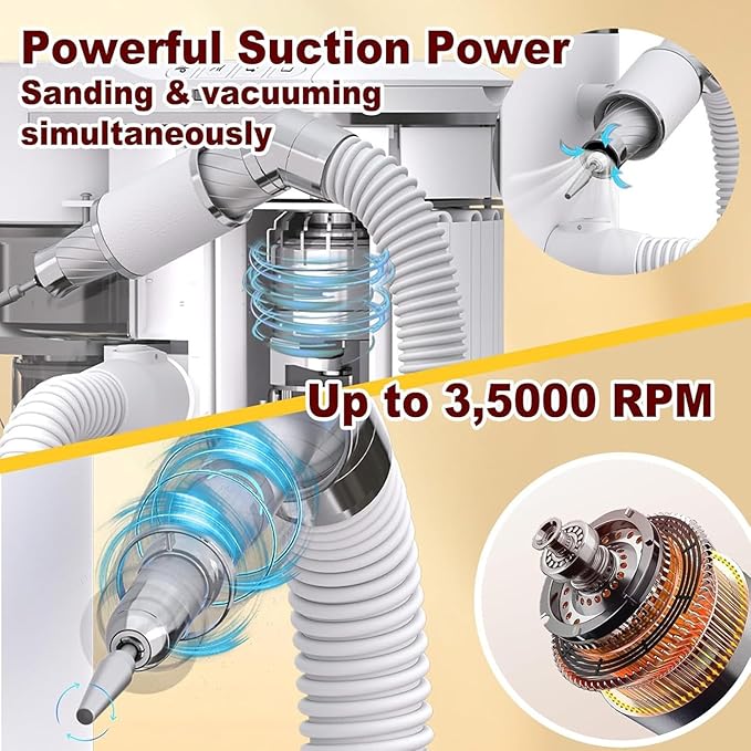 2-in-1 Nail Dust Collector & Electric Nail Drill File Kit, Nail Drill Manicure Machine with 30000 RPM Brushless Motor, ≤58dB Ultra Quiet, Adjustable Suction & Angle, Extension Hose White