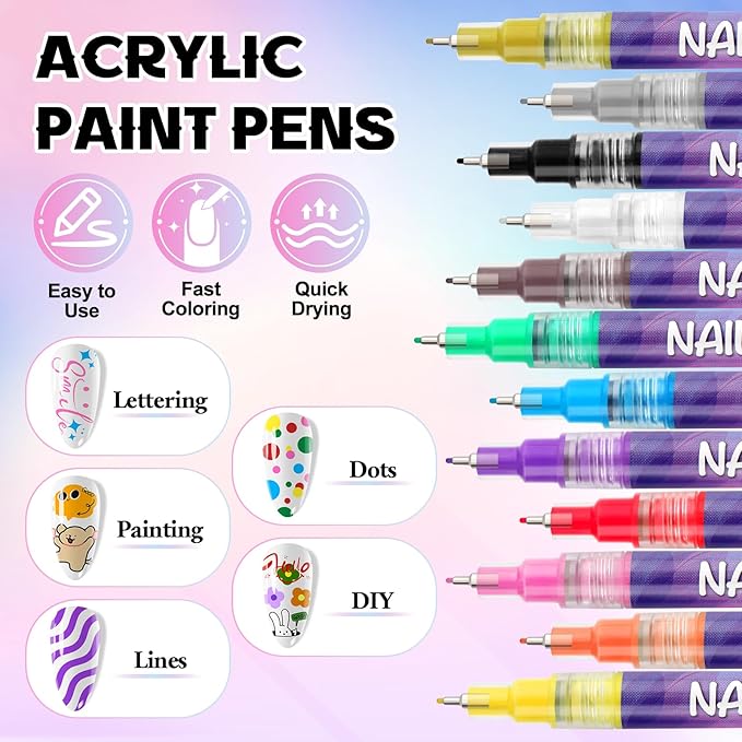 Kalolary 12 Color Nail Art Pens Set, Nail Polish Pens 0.5MM Fine Tip Acrylic Paint Pen Nail Art Markers Quick-Dry Nail Art Tools for Dotting Drawing Painting DIY Nail Art Beauty Manicure(A)