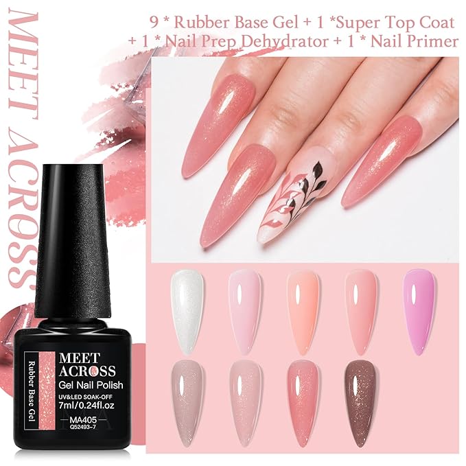MEET ACROSS Color Base Gel For Nails 12 Pcs, Builder Base Nail Gel Aesthetic Nude Pink Rubber Base Gel Polish with Super Top Coat, Prep Dehydrator and Nail Primer Base Gel Strengthener Gel All-in-1