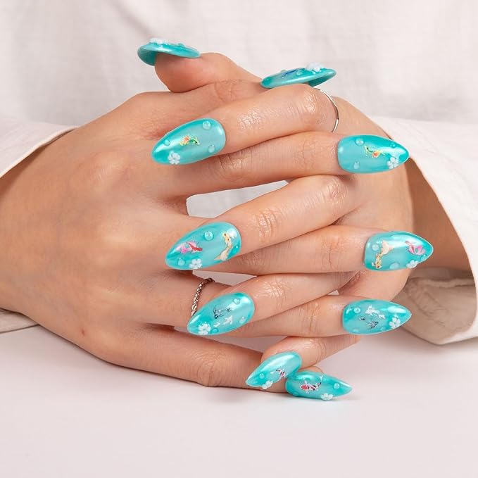 LOVFUL Press on Nails Wishing Fountain | Handmade with Full Covered Crystals | Reusable Fake Nails | Almond Regular 1.0 in | H307-S