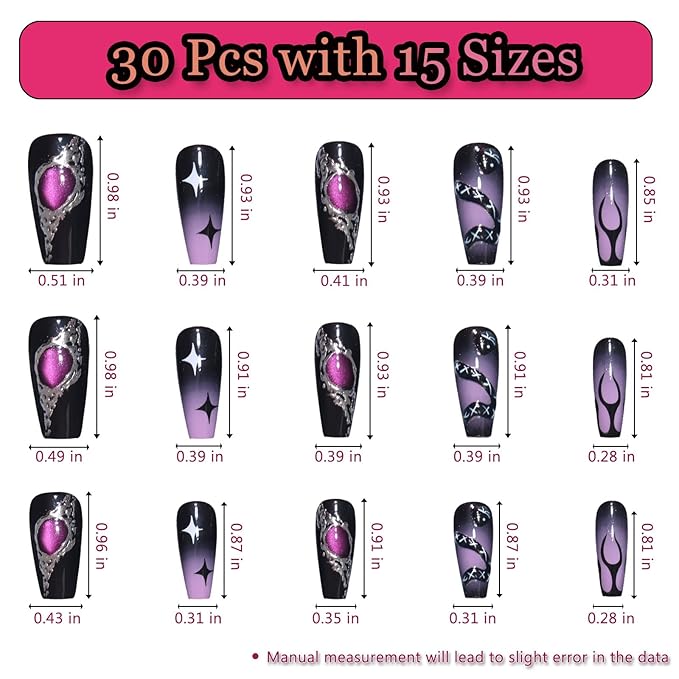 3D Gothic Black Starry Snake Motif 30pcs Medium Square Nails, Colorful Full Cover Artificial Stick on Nails Kit