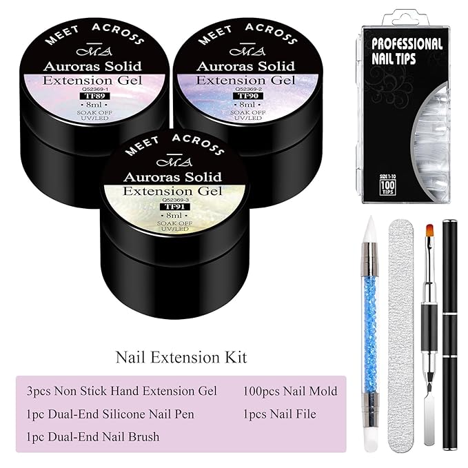 MEET ACROSS Aurora Solid Builder Gel for Nails Pink Purple Non-Stick Hand Nail Extension Gel Extension Kit Salon Gift 7PCS