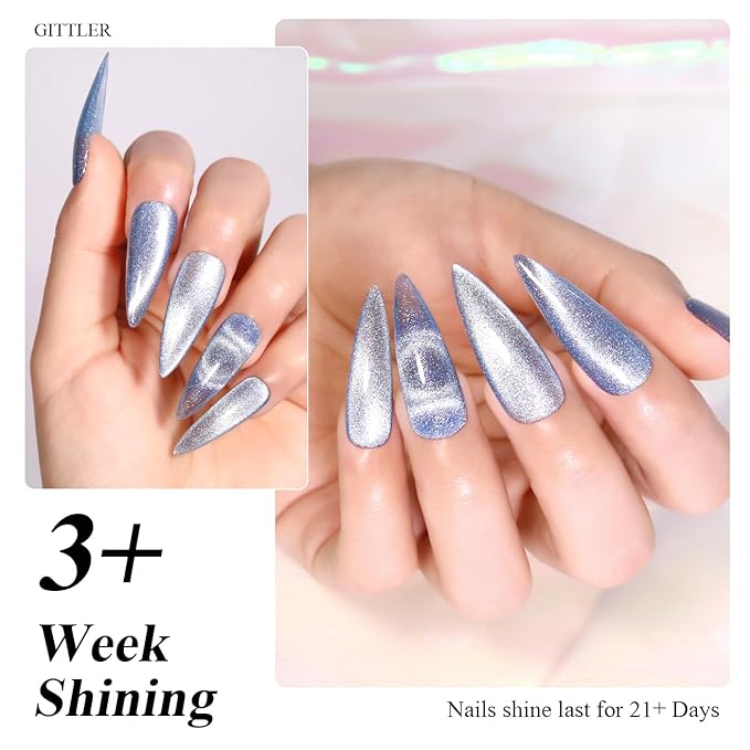Imtiti Cat Eye Gel Nail Polish, 15ML Blue Holographic Glitter Cat Eye Gel Polish with Magnet UV LED Magnetic Gel Nail Polish Crystal Galaxy Sparkly Home DIY Manicure Nail Salon Kit