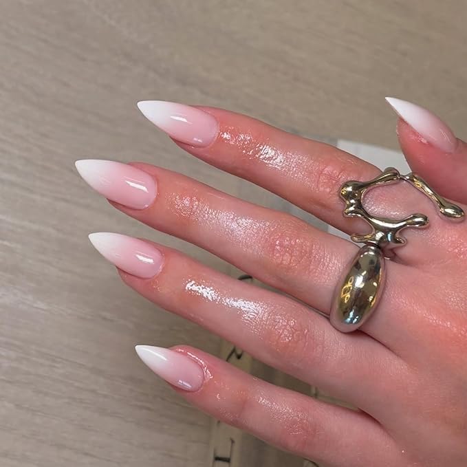 Gradient Pink Press on Nails Almond Shape Medium Length - Neutral Acrylic Fake Nails for Women, Glue on Stiletto False Nails, Ombre Pink Gel Artificial Nails