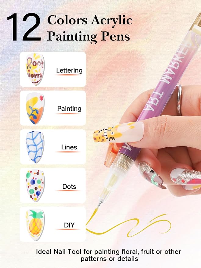 EBANKU 12 Colors Nail Art Pens Set, Nail Polish Pens for Nail Art Quick Drying 3D Acrylic Paint Markers for Painting Dotting Liner Pen Nail Salon DIY