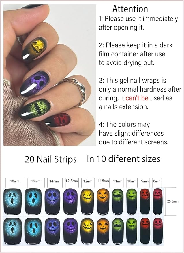 Semi Cured Gel Nail Strips, Cat Eye, Ghost Face 20pcs Adhesive UV Sticker, Wraps for Home Manicure DIY