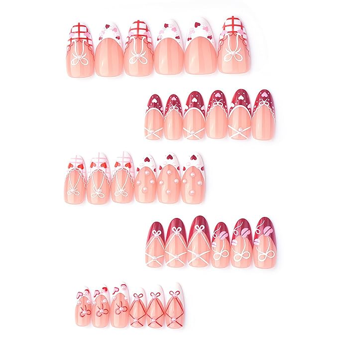 30Pcs Valentines Press on Nails Medium Almond Fake Nails with Pearl Rhinestones Designs Romantic Lips Heart False Nails Red White French Acrylic Nails Set Cute Pink Red Heart Stick on Nail for Women