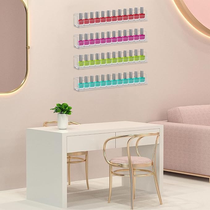 4 Pack Nail Polish Rack Wall Mounted Shelf, Clear Acrylic Nail Polish Organizer Display,Clear Nail Polish Wall Rack Nail Supplies for Nail Techs
