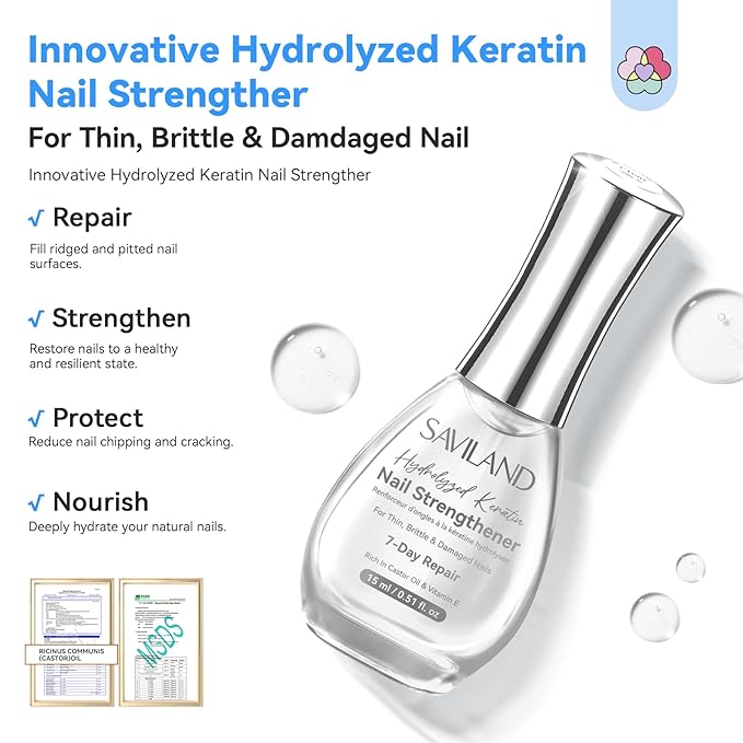SAVILAND Clear Nail Strengthener 15ml: Fast Air Dry Natural Nail Growth for Damaged Nails Transparent Nail Polish Strengthening Repair Weak & Thin Nails Treatment with Castor Oil Vitamin E Women Gift