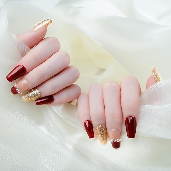 Sun&Beam Nails Handmade Press-on Medium Long Coffin Ballerina Red Green White New Year Pearl Sweet Design Fashion False Nail Tips 10 Pcs Set (#192 M)