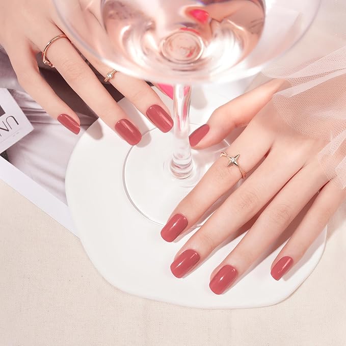 DANNI & TONI Semi Cured Gel Nail Strips Mauve (Camellia) Carmine Red Glossy Nail Wraps 28 Stickers