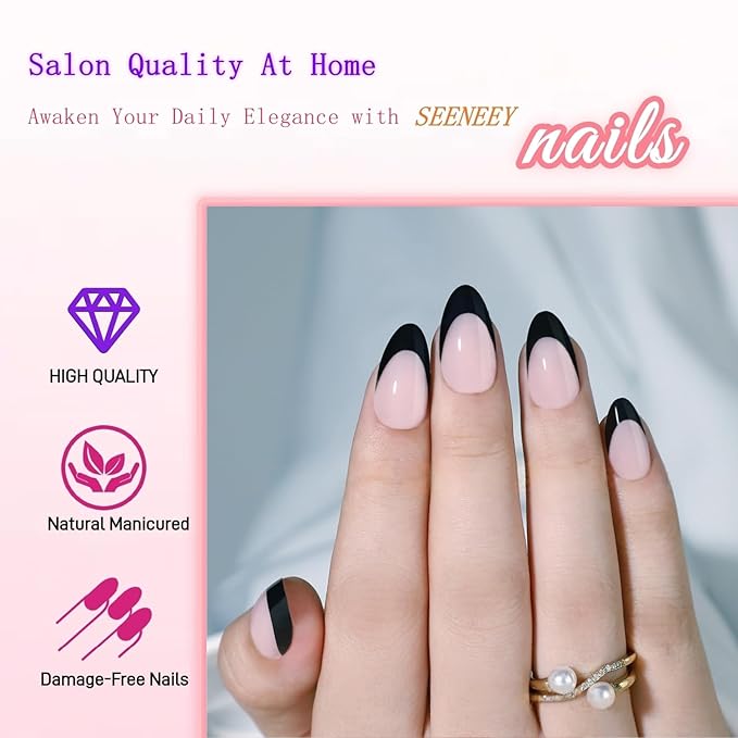 French Tip Press On Nails Almond Short Fake Nails with glue, Soft Gel Black French Tip Press on Gel Nail, Reusable Stick On Nail in 16 Sizes - Glue On Nails 32 Pcs