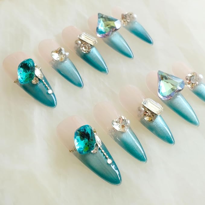 Luxury Long Stiletto Press-On Nails, Turquoise Blue Stiletto with 3D Crystals and Pearls, Handmade False Nail 10 Pieces (Large, LS)