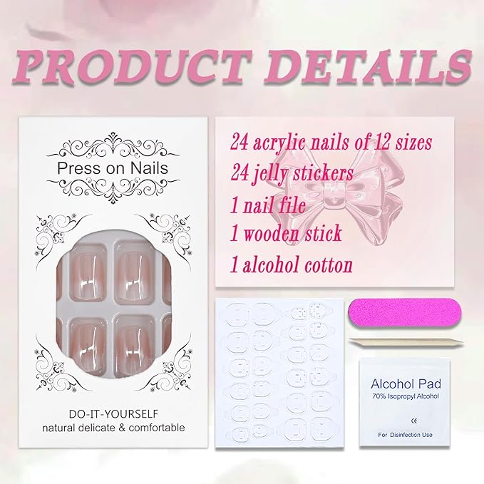 Chrome Press On Nails Short Square White Gradient Fake Nails Nude Pink Full Cover Glossy Glue On False Nails Acrylic Nails 24Pcs, S26