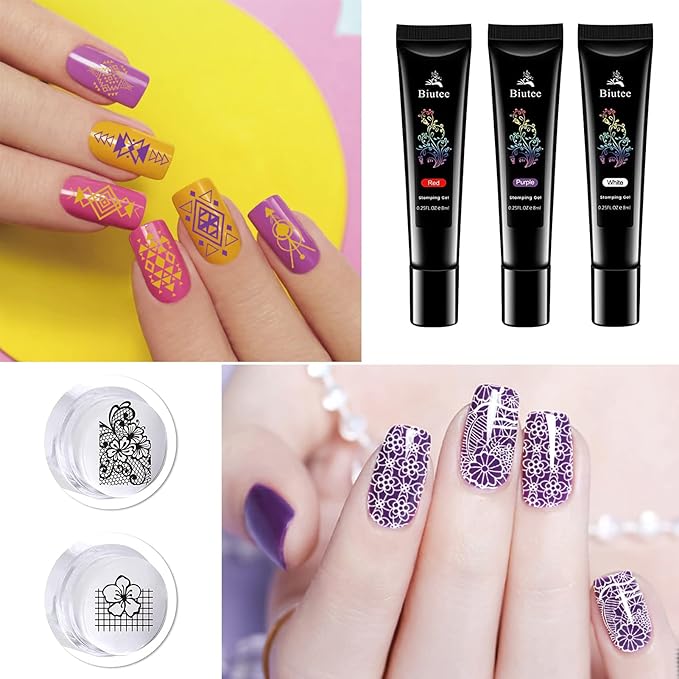 Stamping Polish Gels, 8 Colors Stamping Polish Red Black White Purple Blue Silver Soak Off Printed Gel UV Stamp Nail Gel for Nail Stamp Plate Stamper DIY Nail Art Design