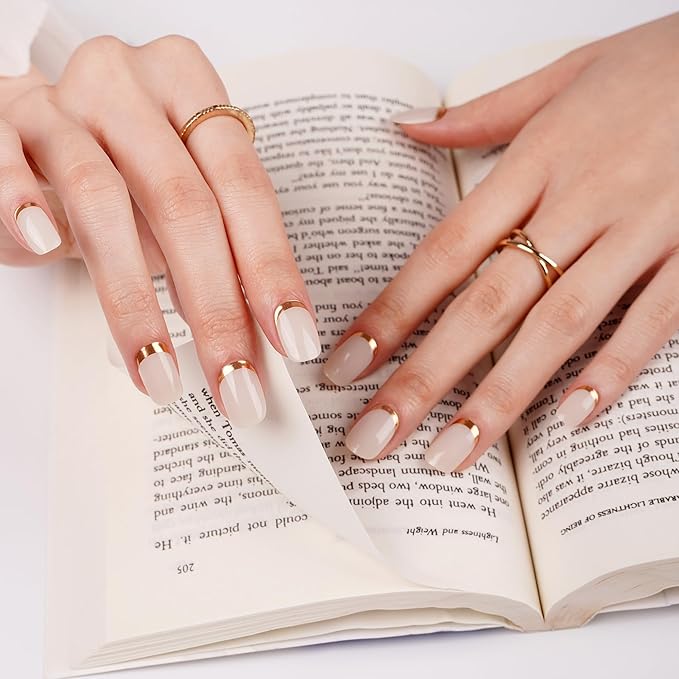 DANNI & TONI Semi Cured Gel Nail Strips Reverse French (Ivory Luxe) Golden Gel Nail Wraps Beige UV Led Nails 28 Stickers