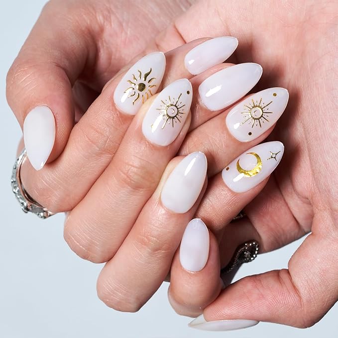 GLAMERMAID White Press On Nails Short Almond, 3D Gothic Handmade Soft Jelly Gel Fake Nails with Golden Star Blossom Design, Round Oval Stick Glue on Nail Kit for Women, Reusable Acrylic False Nail Set
