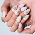 GLAMERMAID White Press On Nails Short Almond, 3D Gothic Handmade Soft Jelly Gel Fake Nails with Golden Star Blossom Design, Round Oval Stick Glue on Nail Kit for Women, Reusable Acrylic False Nail Set