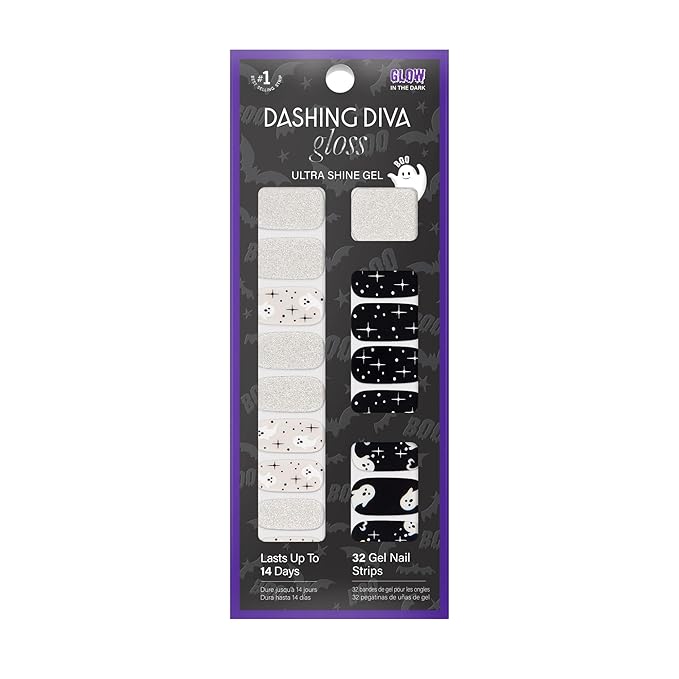 Dashing Diva Gloss Nail Strips - Ghostly Touch - UV Free, Chip Resistant, Long Lasting Gel Nail Stickers - 3-Piece Glow-In-The-Dark Manicure Set - Contains 32 Wraps, 1 Prep Pad, 1 File