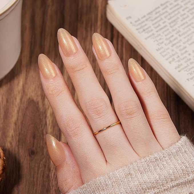 VSALON Press On Nails Short Almond, Light Apricot Gold Glitter Shimmer Sparkle Nails, Salon Quality Fake Nails Kit - 32 PCS Stick on Nails in 16 Sizes with UV Glue & Cuticle Oil