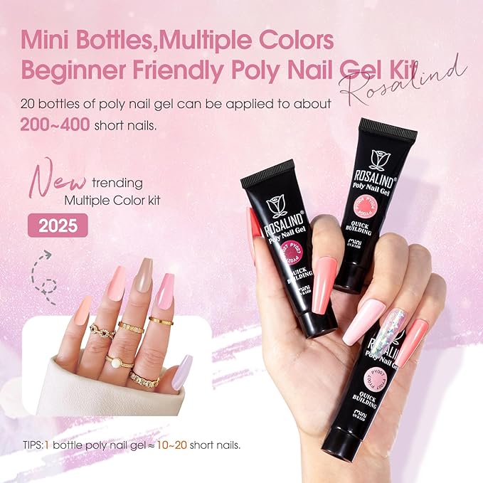 ROSALIND Light Pink Nude Poly Nail Gel Kit 0.34 oz/10 ml - 20 Colors White Brown Poly Extension Gel with Mini U V Lamp Builder Nail Gels Starter Kit with Nails Forms Base Coat Coat Beginners Set