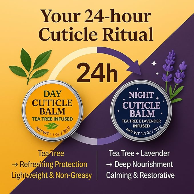 Tea Tree Oil Cuticle Balm Day & Night Set, Moisturizer for Dry Damaged Cuticles, Cuticle Cream & Butter with Applicator Brush, 1.1 Oz 2 Pack