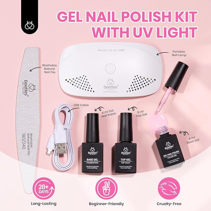Beetles Nude Pink Gel Nail Polish Kit with UV LED Light Nail Lamp 6 Pcs Starter Kit Base Gel Top Coat Soak Off Nude Pink Polish Set with Nail File for DIY Manicure Gifts for Women