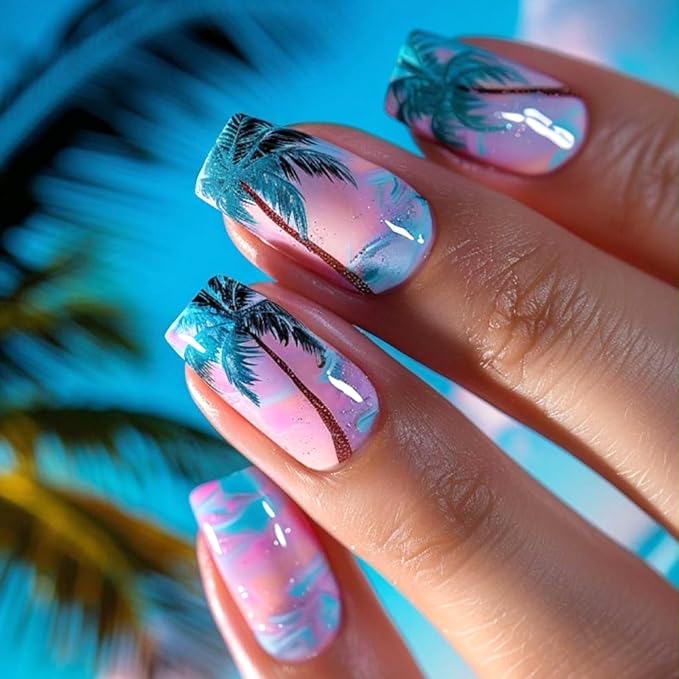Medium Press on Nails Square Fake Nails with Design Palm Tree Glue on Nails Blue Pink Gradient Acrylic Nails Summer False Nails Reusable Artificial Nails Glossy Stick on Nails for Women Girls