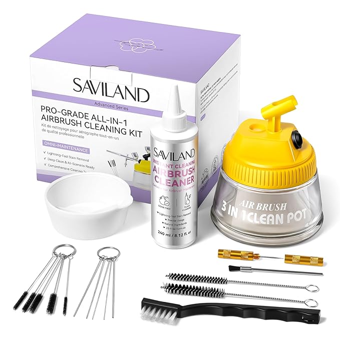 SAVILAND All-in-1 Airbrush Cleaning Kit: 240 ml Fast Airbrush Cleaner Low Odor & Needles Kit 3-in-1 Airbrush Cleaning Pot Easily Handle Water-Based & Acrylic Airbrush Paint Nail Art Painting Tools