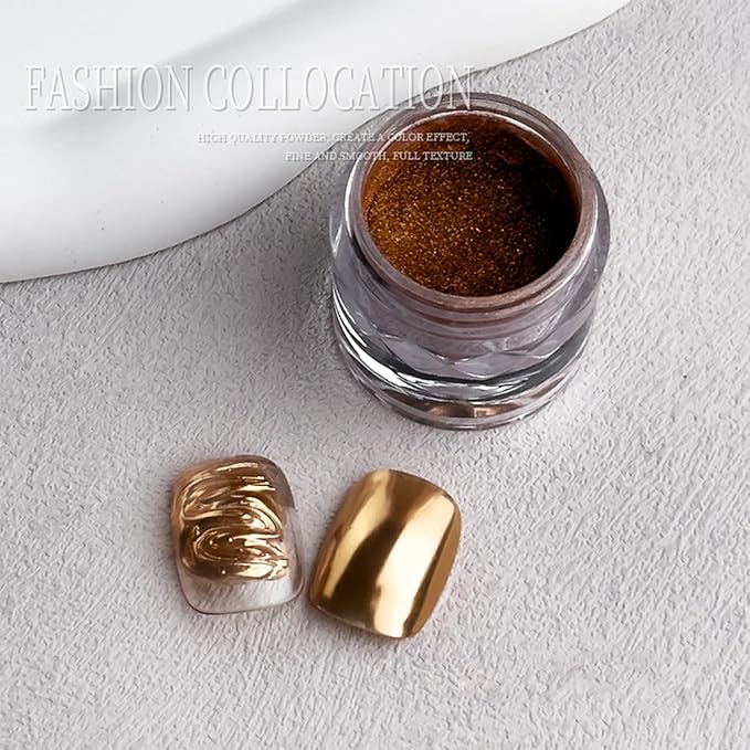 3 Jar Gold Silver Copper Brown Gold Chrome Nail Powder Metallic Mirror Effect Nail Glitter Pigment Powder, Nail Chrome Powder for Nails Gel Polish Design