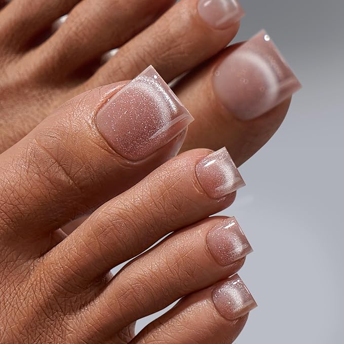BTArtboxnails XCOATTIPS Toe Nail Tips - Lamp-Curable Sharp quare Cat Eye Press On Toenails for Women, 150 Soak Off Glitter Toe Nail Extensions in 15 Sizes, Builder Gel & Top Coat Required