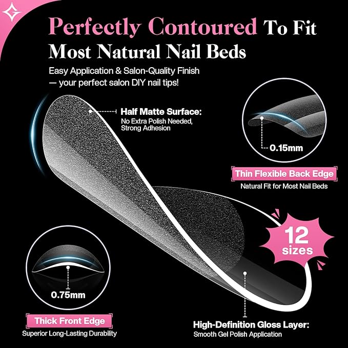 Medium Almond Nail Tips: Natural Like Real Nails, 12 Sizes Soft Gel Press Ons Fit 90% Nails, 50% Less Prep, Clear Pre-Shaped Fake Nails for Salon & Home DIY (312pcs)