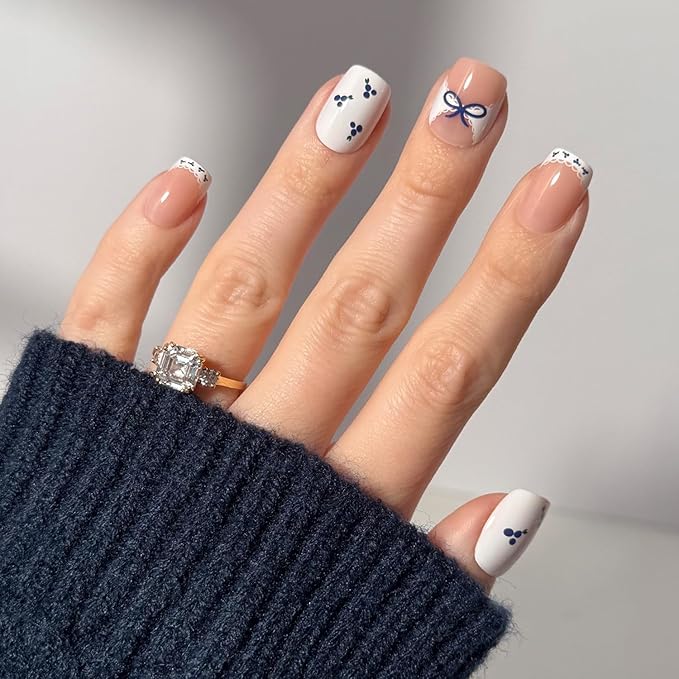 Valentines Day Glamnetic Press On Nails - Blue A Kiss | Short Squoval Fake Nails With Mixed Sheer & Solid Designs, Micro Blueberry and Scalloped Lace Accents | 15 Sizes - 30 Nail Kit with Glue