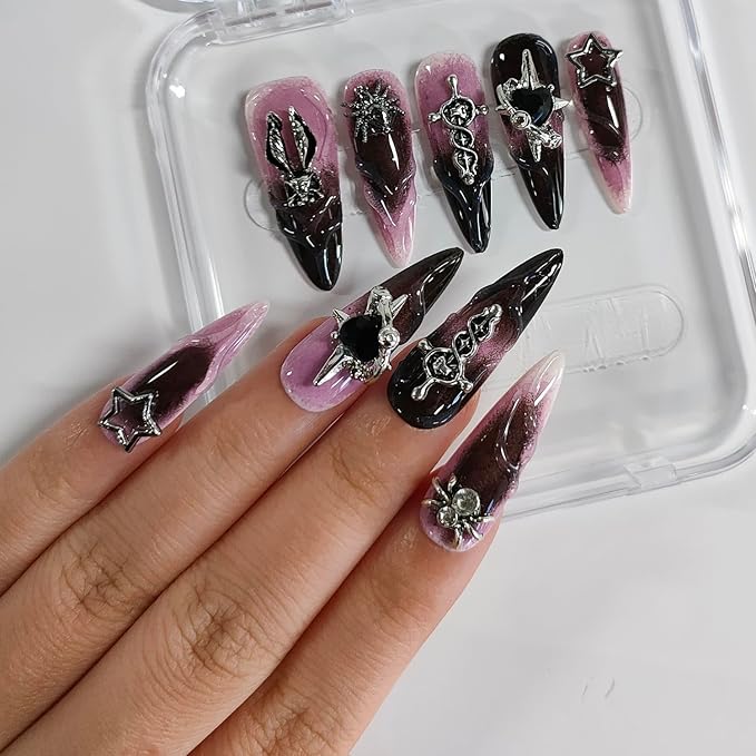 Halloween Handmade Press on Nails Long Almond 3D Nails Gothic Thick Acrylic Fake Nails Ombre False Nails with Rhinestones Spider Heart Designs Pink&Black Sturdy Nail Art Press on Nails 10Pcs(S)