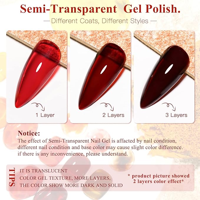 MTSSII Jelly Crystal Gel Nail Polish Translucent Tortoise Shell Nails Wine Burgundy Red Coral Caramel Orange Amber Brown Grey Fall Autumn 6 Colors Soak Off UV LED Manicure Art Kit For DIY Home