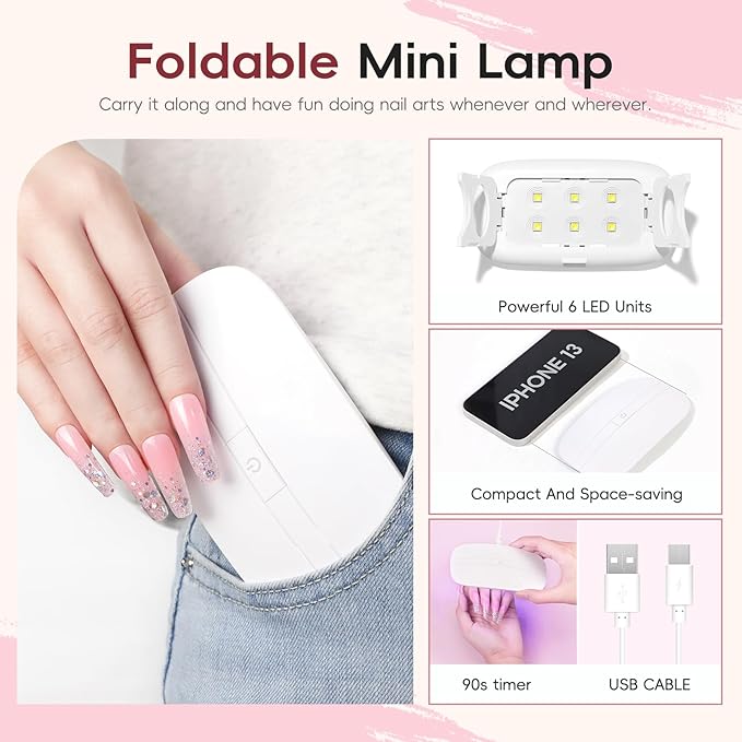 PEACECOLOR 24Pcs Poly Nail Gel Kit Starter Kit with Nail Lamp 6 Colors Pink Nude Black Poly Nail Extension Gel with 3Pcs Glossy/Matte Top Coat Nail Rhinestones DIY Home Gifts for Women