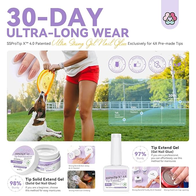 SAVILAND Press On Nails For Women: 4-In-1 French Tip Press On Nails Acrylic 15 Sizes Press On Nails Almond Medium Strong Nail Glue for Press Ons U V Light Nail Glue Remover A-F Primer French Tip Tool