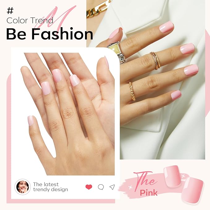 Modelones Pink Press on Nails, Spring Short Square Fake Nails, Reusable Nail Kit with Nail Glue Adhesive Tabs Mini Nail File, Nails Press Ons 32Pcs 16Sizes, Women Girl Gift