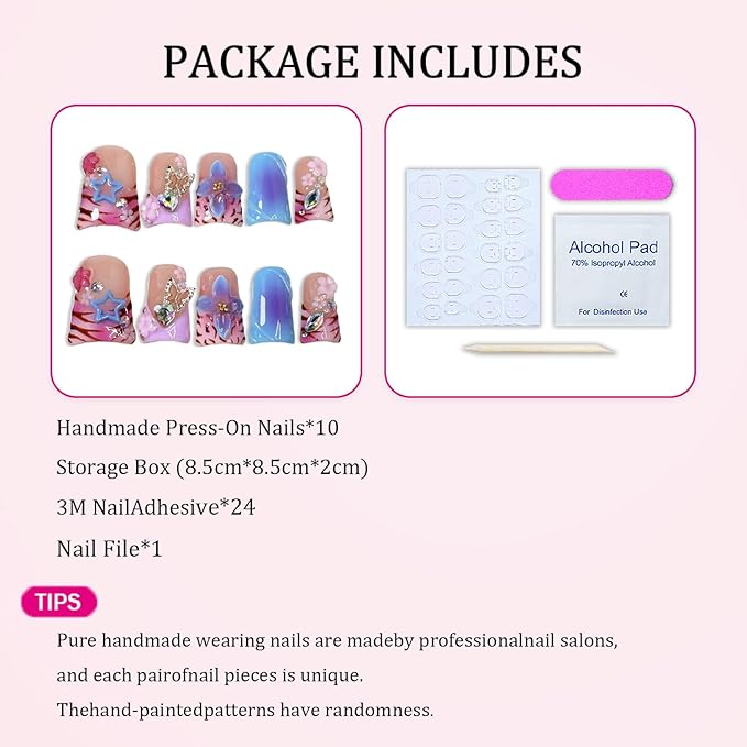 Handmade Press on Nails Leopard Print 3D Luxury Flower & Butterfly Fake Nail Designs Gradient Stick on Nails Full Cover Flower Press on Nails Short Duck Muti-Layer Gel Thick Acrylic Nail for Women（M)
