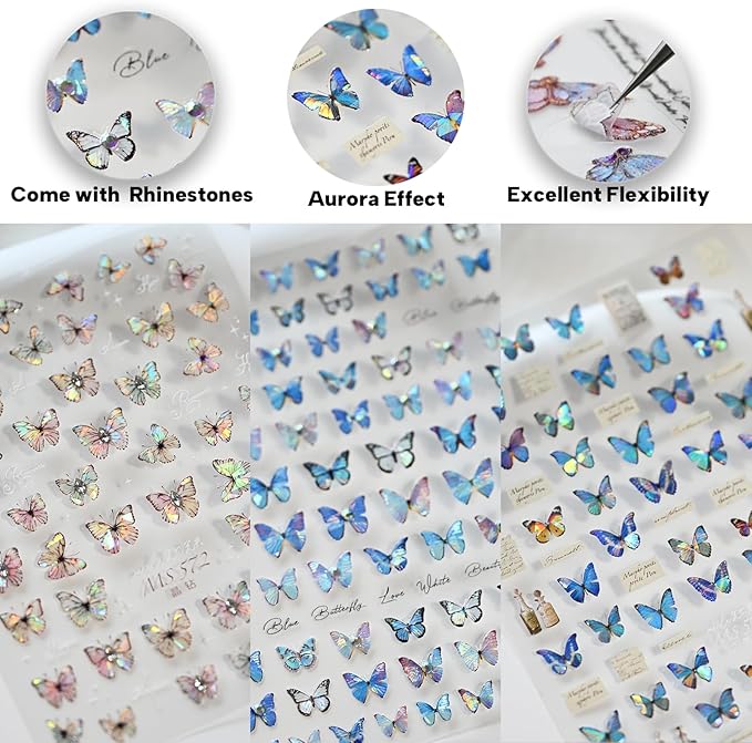 Blue Butterfly Nail Art Stickers Rhinestones Nail Decals for Nail Art Design Self-Adhesive Nail Accessories for Women Nail Art Supplies 3 Sheets