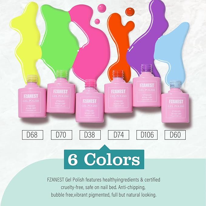 FZANEST Gel Nail Polish Set 6PCS Neon Yellow Green Hot Pink Blue Purple Gel Polish Kit