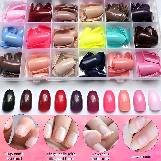 LoveOurHome 576pc Coffin Press on Nails Short Fake Nails Full Cover Colored Artificial Fingernails Ballerina False Acrylic Nail Tips 24 Glossy Colors Press on Nails for Women Girls