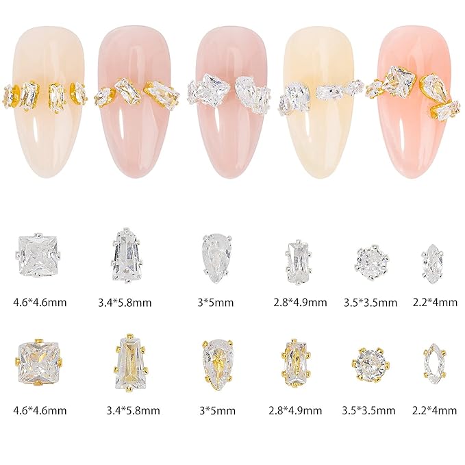 HNUIX 3D Nail Charms and Gems - 120Pcs Copper Metal Zircon, Gold Multiple Shape Smal Crystals Rhinestones, Nail Decorations Accessories for Nails Design