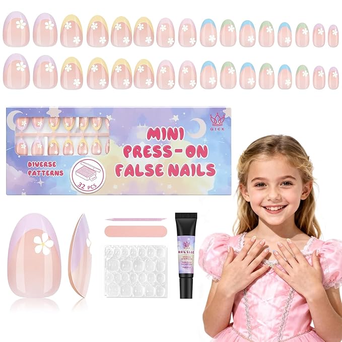 16 Sizes 128 Pieces Press on Nails for Kids, 4 pack Kids Nail Kit Colorful Flower Almond Fake Nail Tips for Girls 8-12 Years Old with Jelly Nail Adhesives & Nail Glue Birthday Easter Gifts
