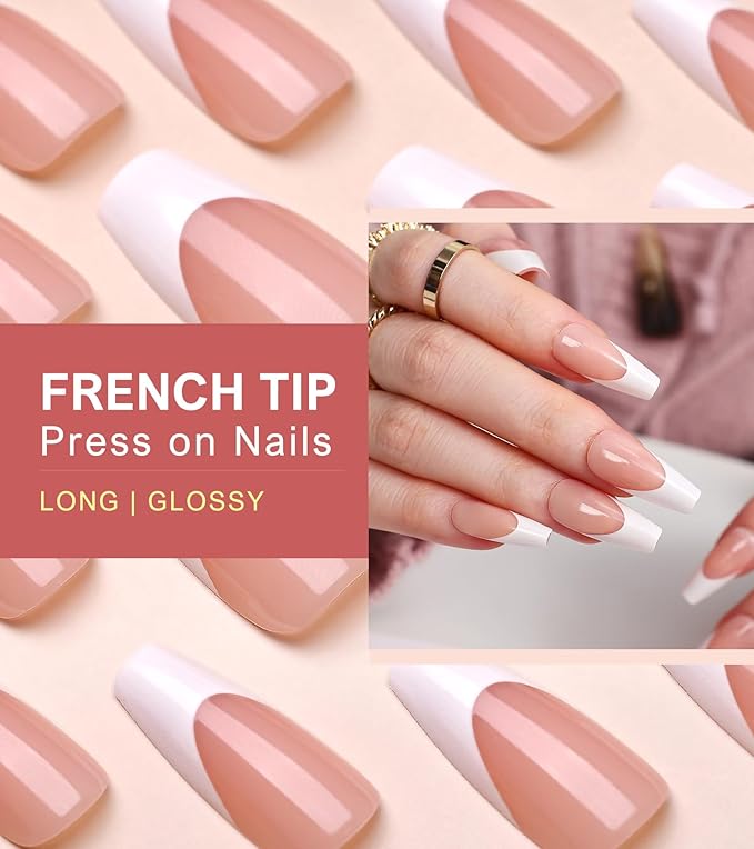 Morily Light Pink White French Tip Press on Nails, 30Pcs Long Coffin Thicker Fake Nails Reusable False Nails with Design, Glossy Acrylic Stick on Nails for Women, 15 Sizes, Include Glass File