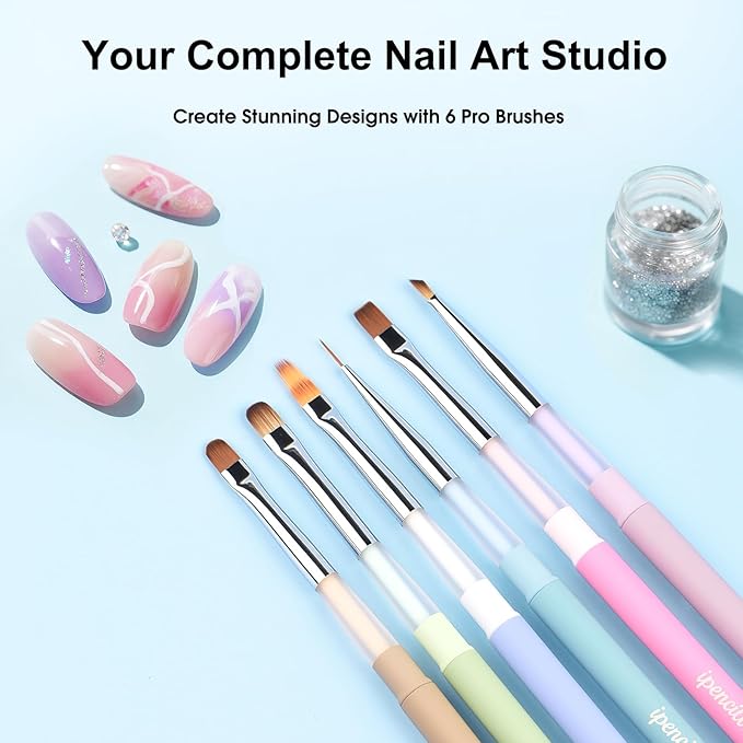 Nail Art Brushes Set, 6 Pcs Nail Brushes for Nail Art Design, Nail Art Brushes with Cap, Nail Art Tools for Gel Polish, Metal Handle with Non-Slip Coating, Macaron Color, DIY Salon Use