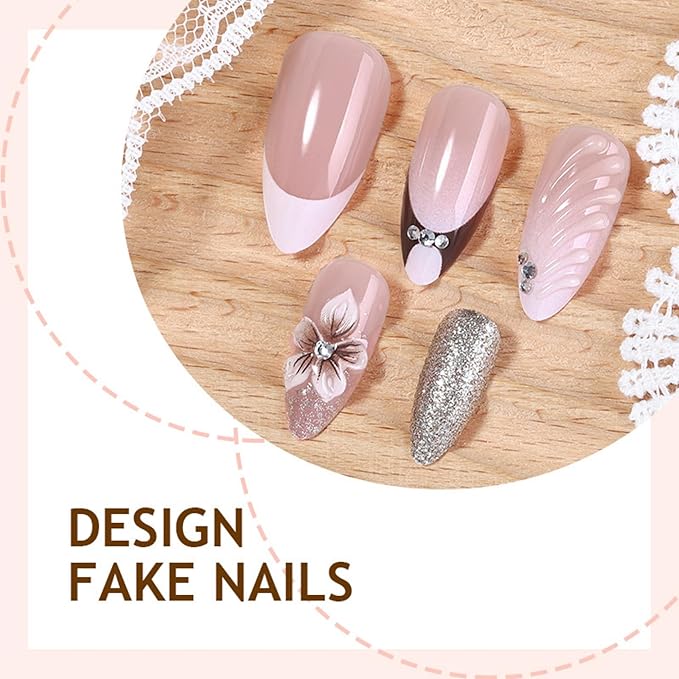 Press on Nails Medium Almond Fake Nails French Artificial Nail Flowers Embossed and Rhinestones Designs for Women 24pcs