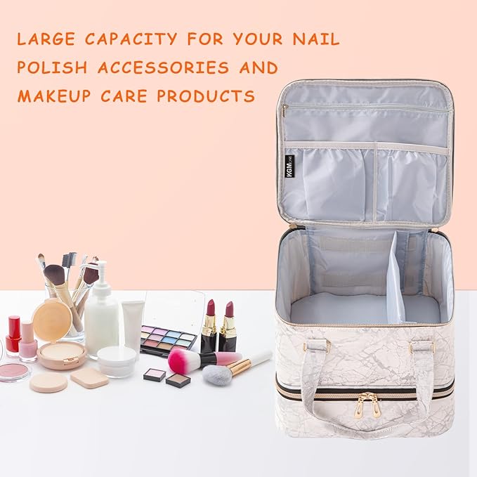 Nail Polish Organizer, Double Layer Nail Polish Storage Bag Carrying Case Holds 42 Bottles with Nail Dryer Lamp Portable Manicure kit supplies Organizer （White）